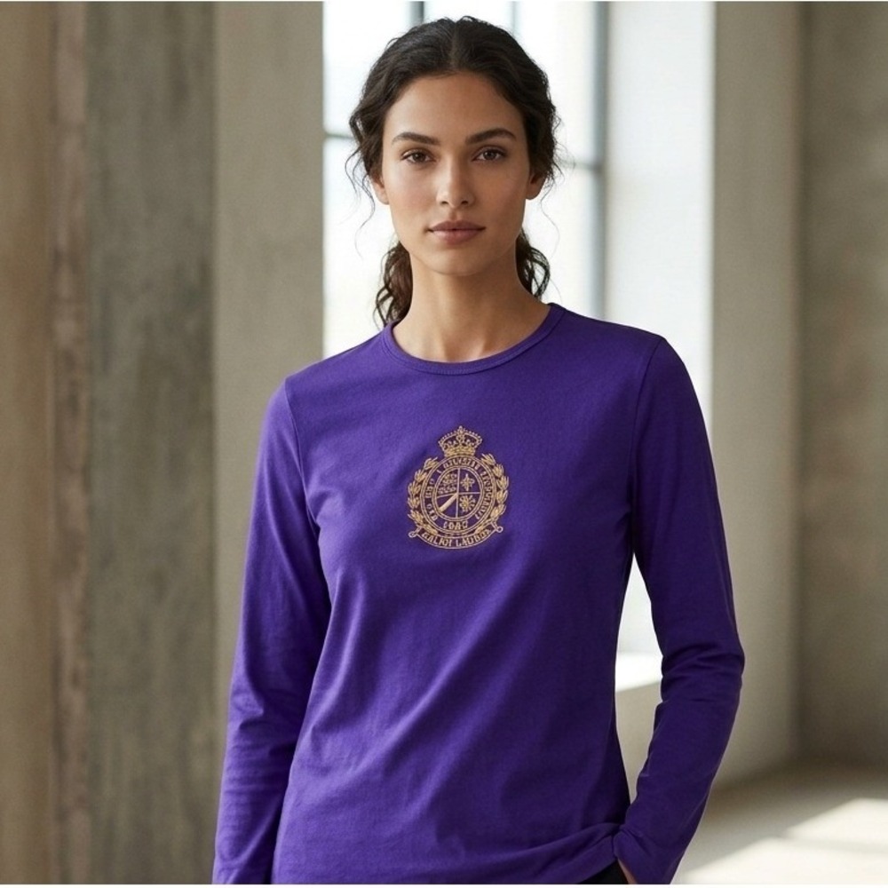 Lauren Active Ralph Lauren Purple Crest Embroidered Long Sleeve Top Petite P NWT